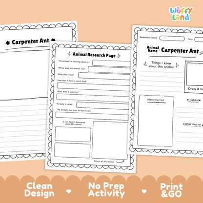 Carpenter Ant Animal Research Page and Worksheets