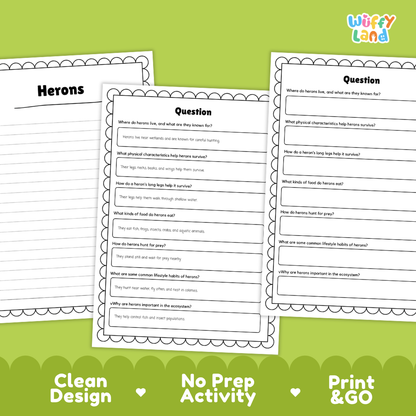 Heron Reading Passage and Comprehension Questions Worksheets