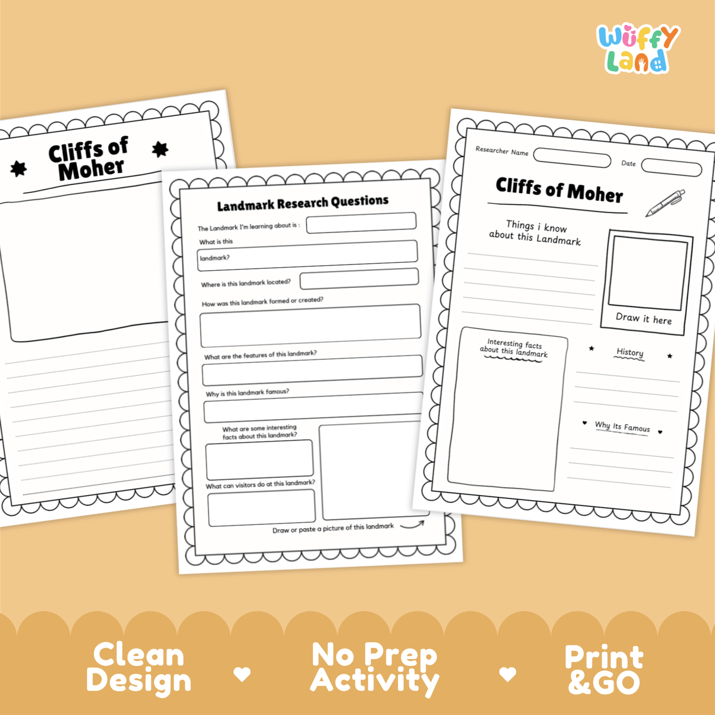 Cliffs of Moher Landmark Research Page Worksheets and Fact Sheet Activity