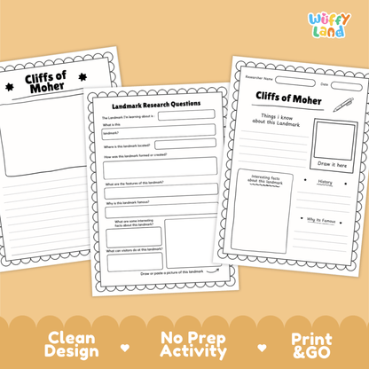 Cliffs of Moher Landmark Research Page Worksheets and Fact Sheet Activity