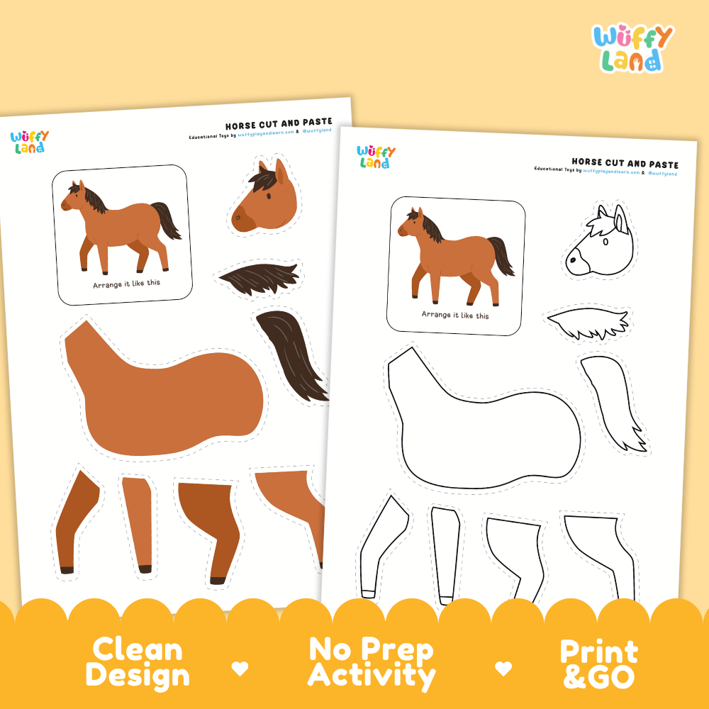 Horse Cut and Paste and Coloring Activity Worksheets