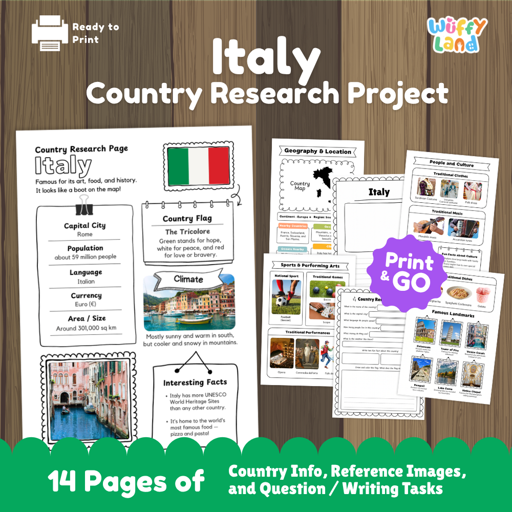 Italy Geography Activity Bundle Research Coloring Pages and Flashcards