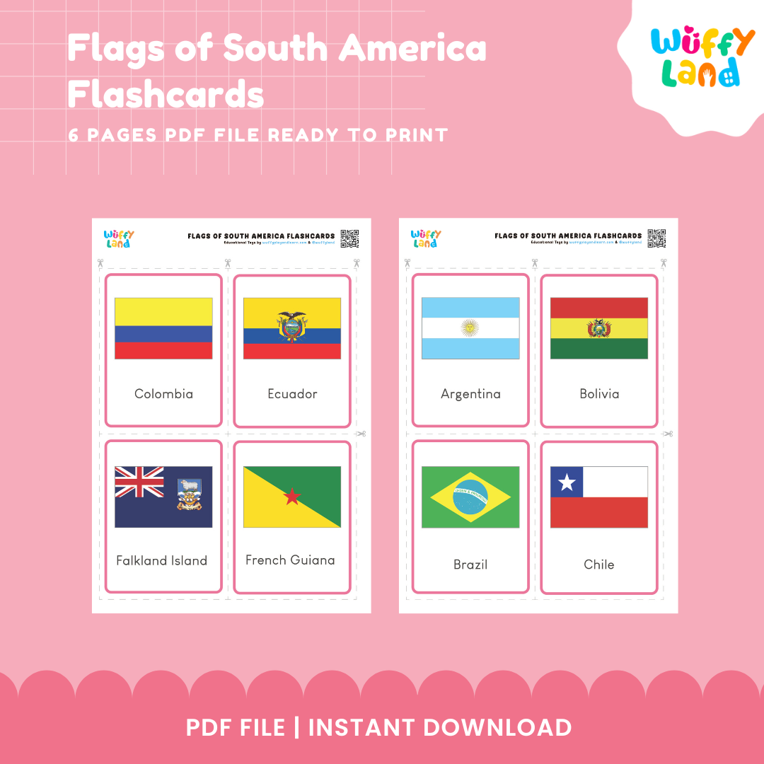 South America Flags Flashcards - 14 Page PDF Instant Download for Kids - Educational Geography Learning Tool