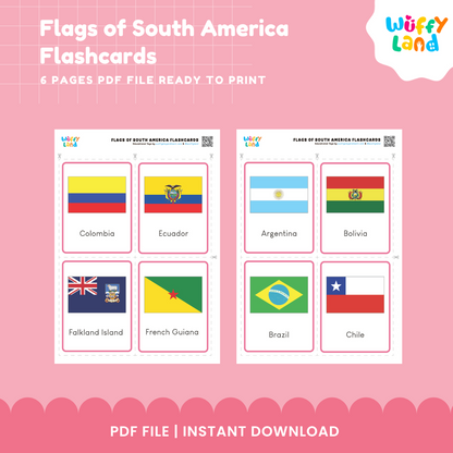 South America Flags Flashcards - 14 Page PDF Instant Download for Kids - Educational Geography Learning Tool