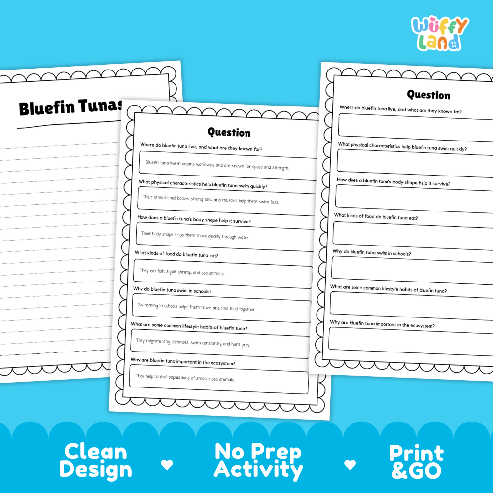 Bluefin Tuna Reading Passage and Comprehension Questions with Answer Key Worksheets