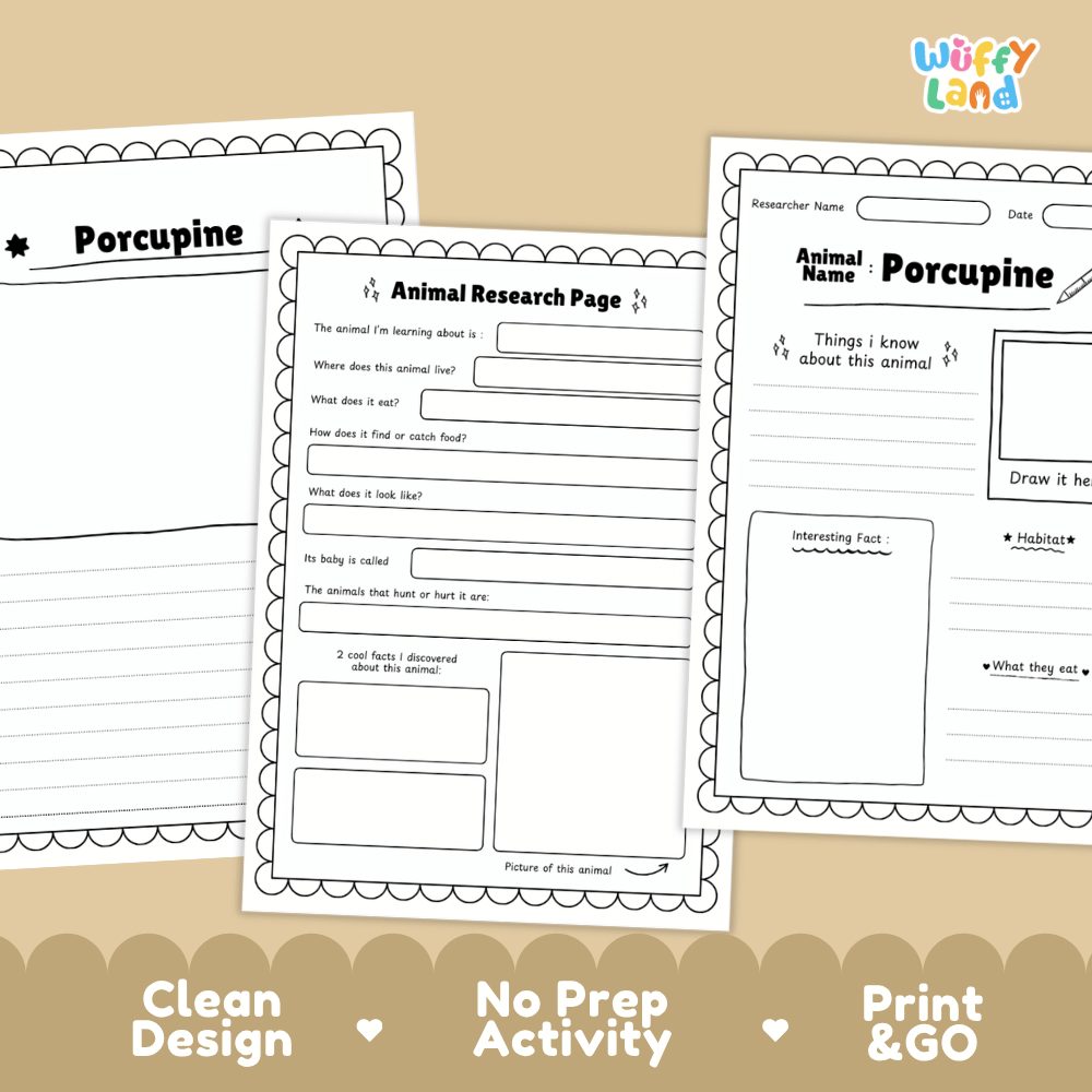 Porcupine Animal Research Page Worksheets and Fact Sheet Activity