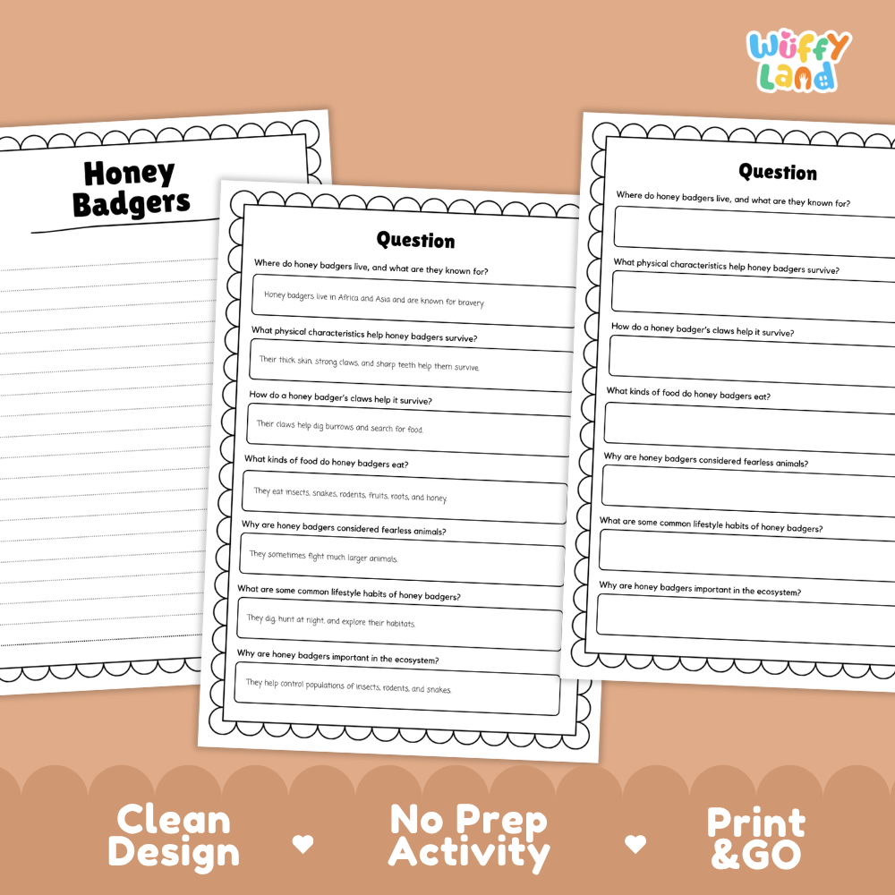 Honey Badger Reading Passage and Comprehension Questions with Answer Key Worksheets