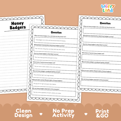 Honey Badger Reading Passage and Comprehension Questions with Answer Key Worksheets