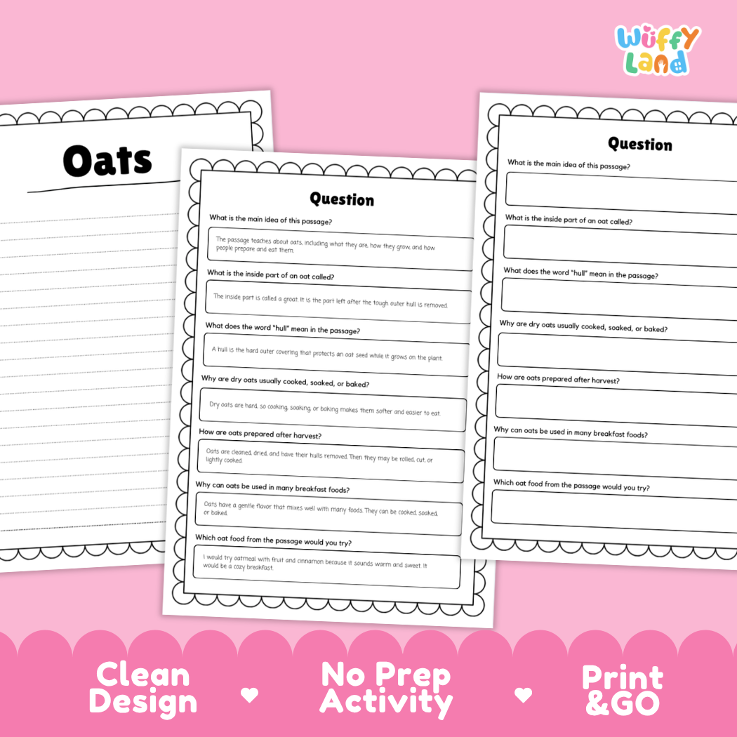 Oats Reading Passage and Comprehension Questions Worksheets with Answer Key