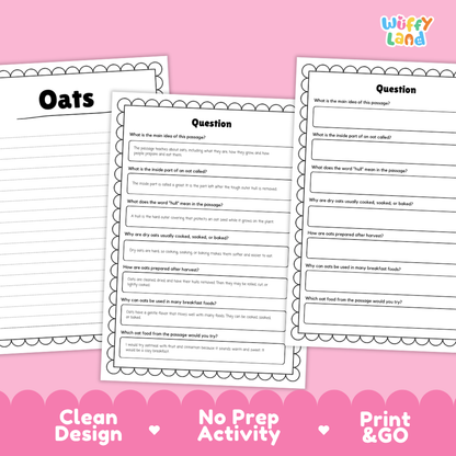 Oats Reading Passage and Comprehension Questions Worksheets with Answer Key