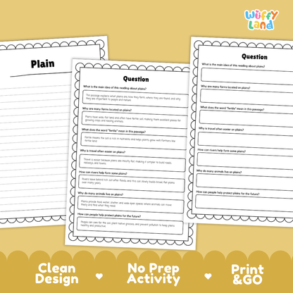 Plain Reading Passage and Comprehension Questions Worksheets Landforms