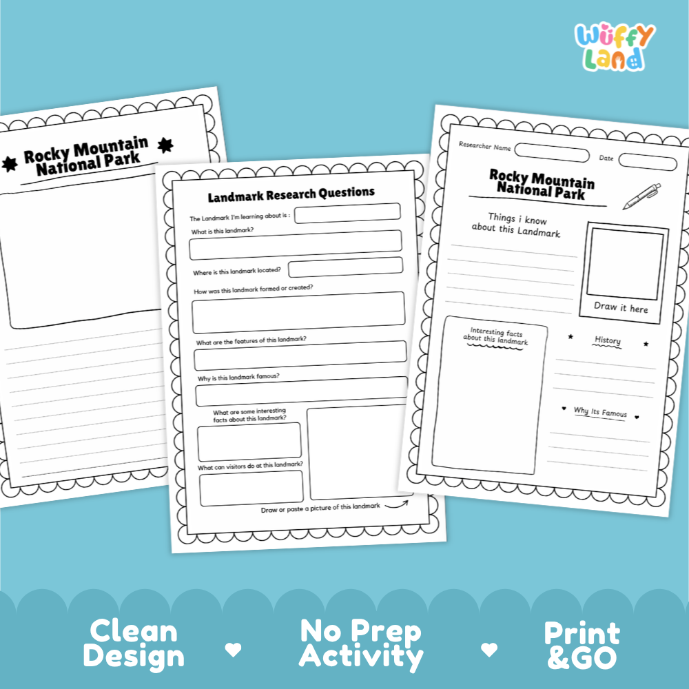 Rocky Mountain National Park Landmark Research Page Worksheets and Fact Sheet