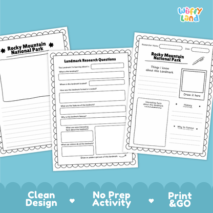 Rocky Mountain National Park Landmark Research Page Worksheets and Fact Sheet