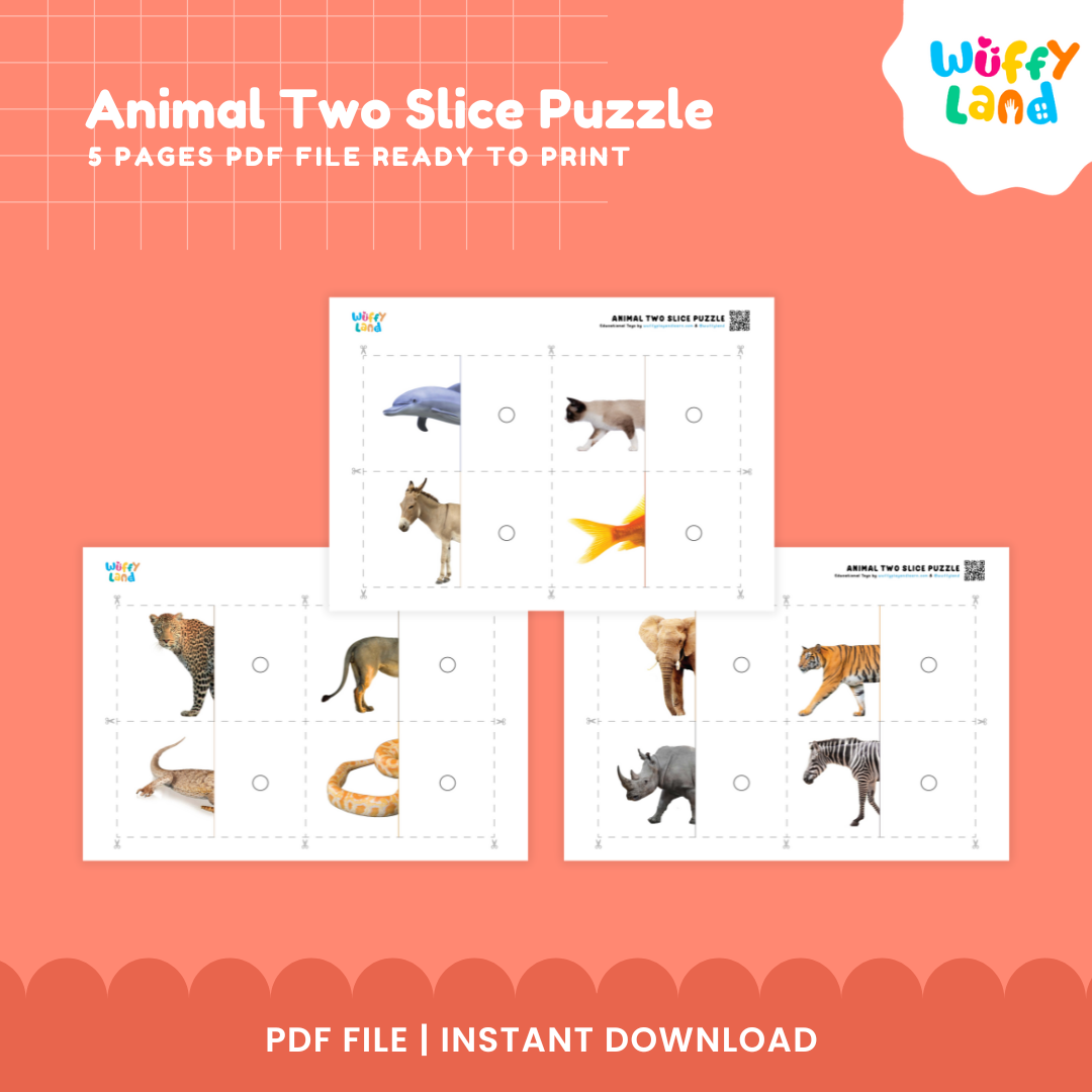 Animal Two-Slice Puzzle | 12 Matching Cards for Kids | Printable PDF