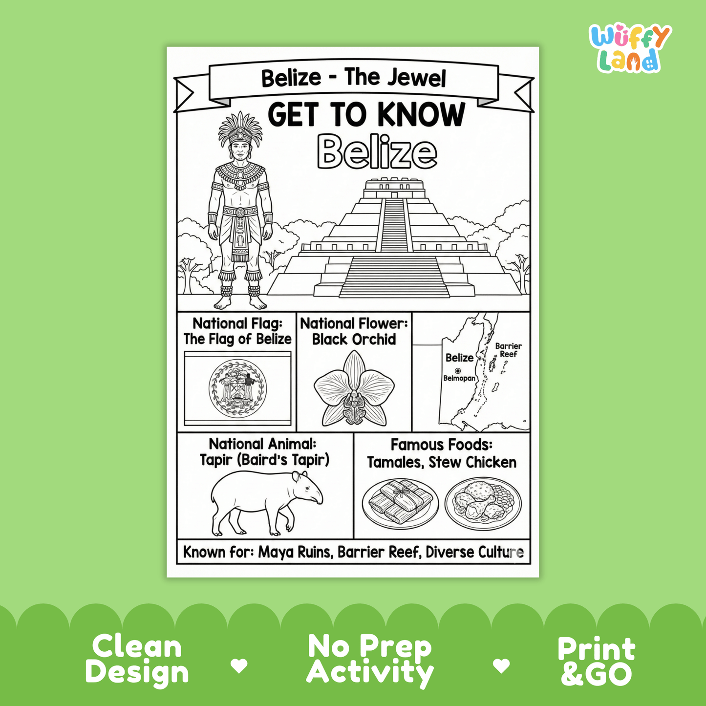Belize Country Study Geography Coloring Page Worksheet Activity Poster