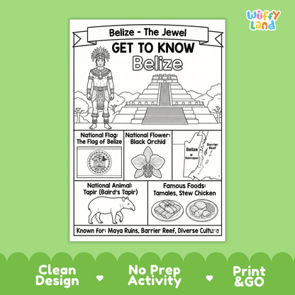 Belize Country Study Geography Coloring Page Worksheet Activity Poster