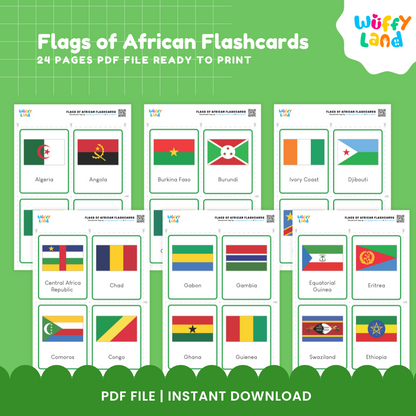 Flags of Africa Flashcards - 57 Educational Cards for Kids, Instant Download PDF