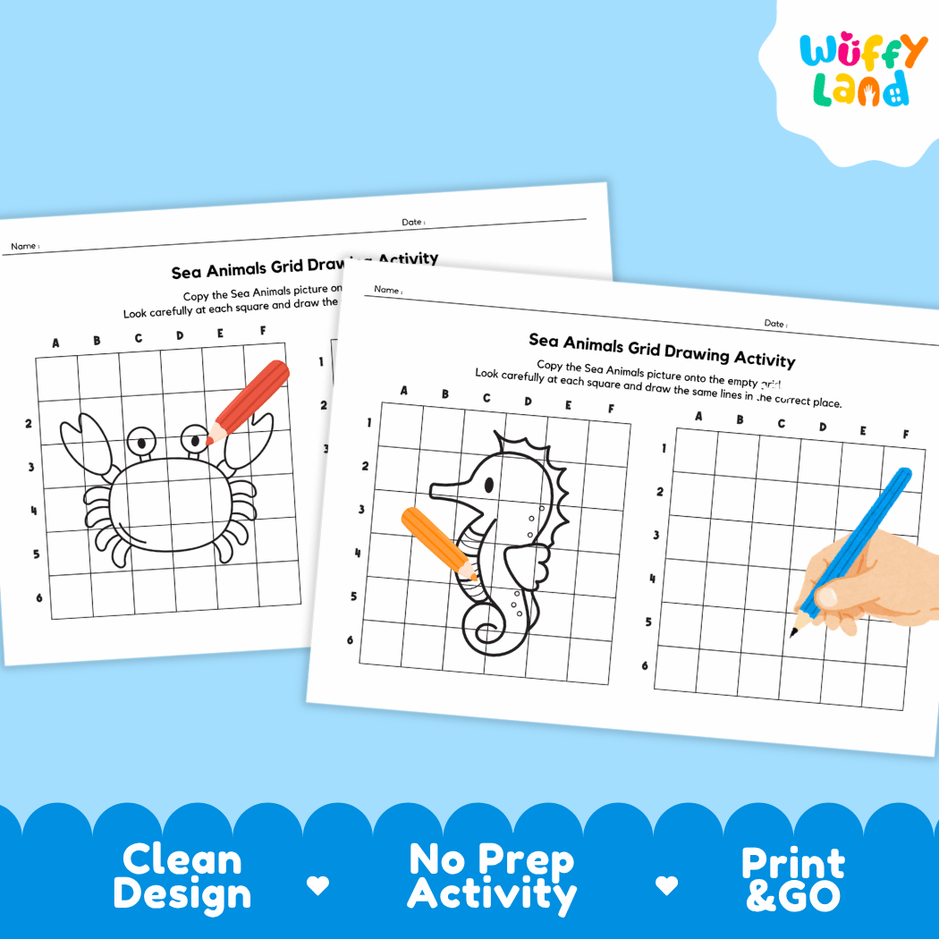 Sea Animals Grid Drawing Activity Worksheets