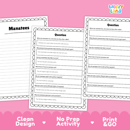Manatee Reading Passage and Comprehension Questions with Answer Key Worksheets