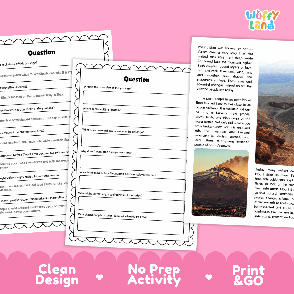 Mount Etna Landmark Reading Passages and Comprehension Worksheets