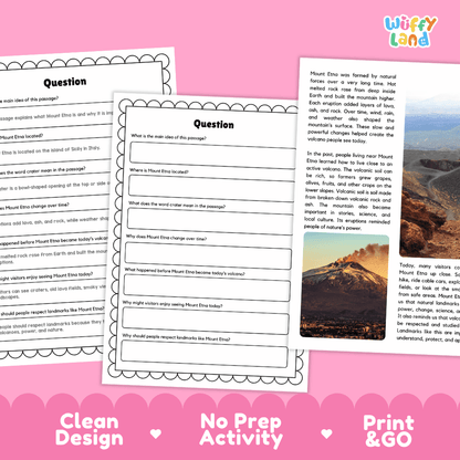 Mount Etna Landmark Reading Passages and Comprehension Worksheets