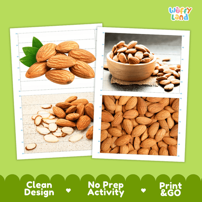 Almond Cut and Match Activity Worksheets | Nuts and Dried Fruits Puzzle Printables