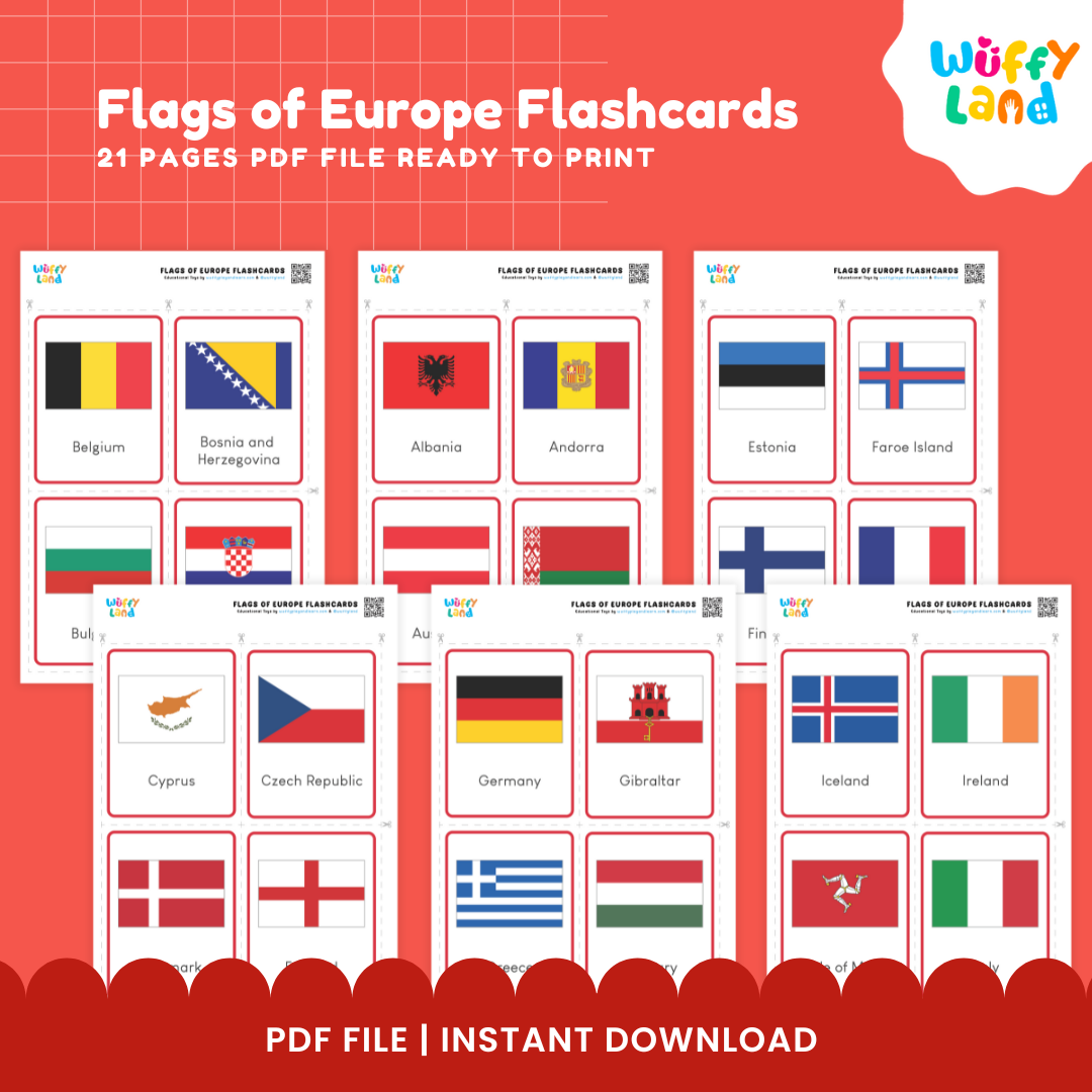 Flags of Europe Flashcards – 52 Printable Geography Cards for Kids Montessori Learning Tool for Homeschool & Classroom