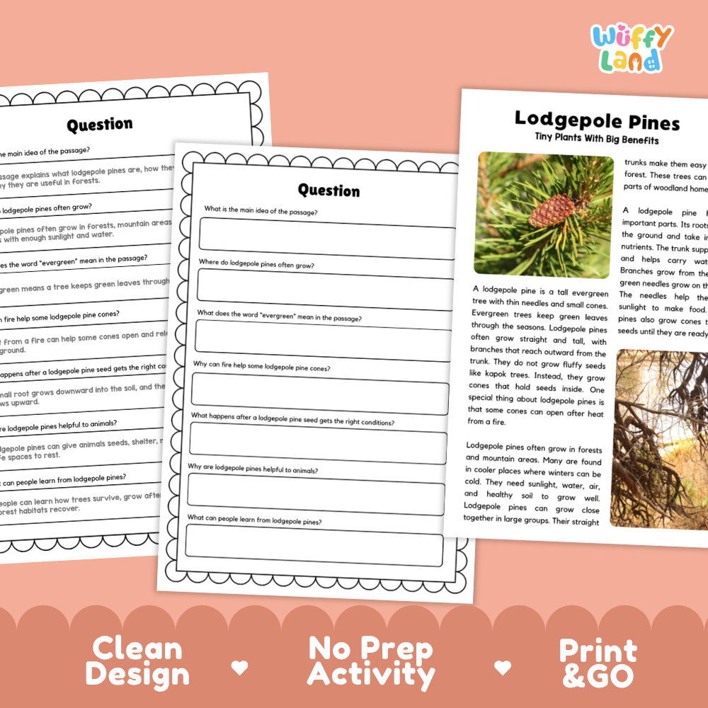 Lodgepole Pine Plant Reading Passages Worksheets and Comprehension Activity