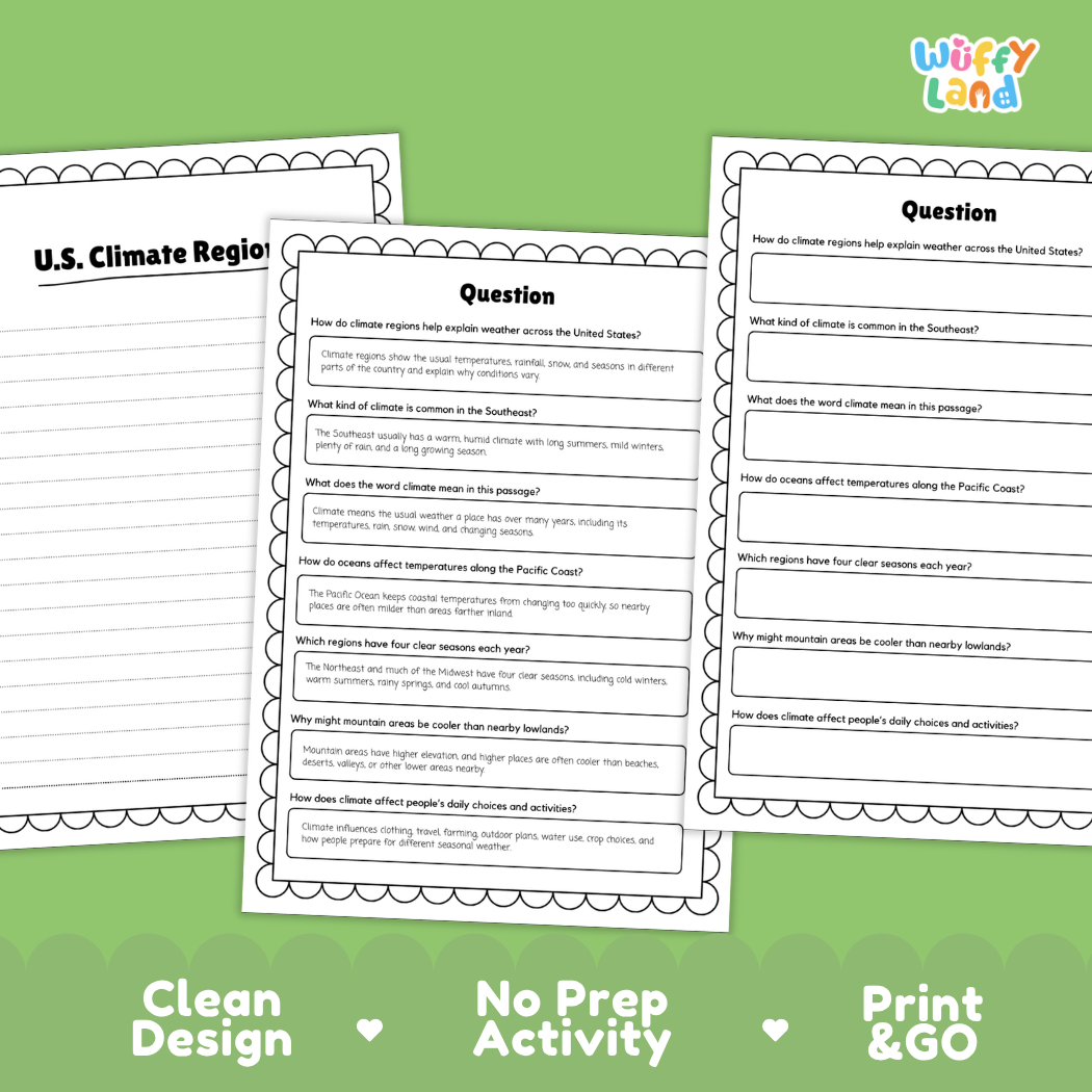U.S. Climate Regions Reading Comprehension Passage and Questions Activity Pack