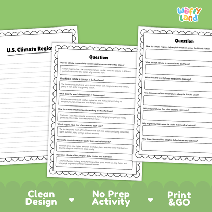 U.S. Climate Regions Reading Comprehension Passage and Questions Activity Pack