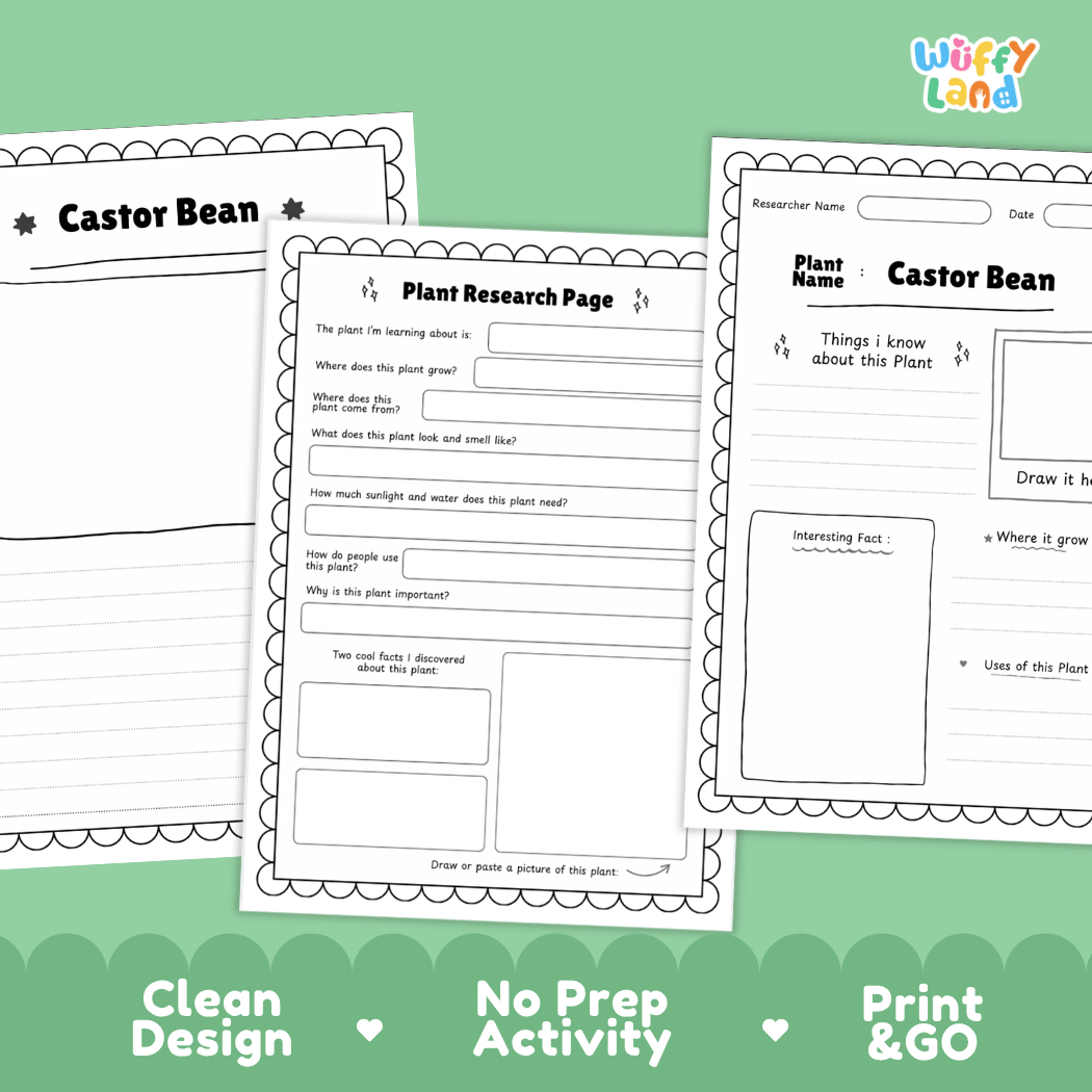 Castor Bean Plant Research Page Worksheets and Fact Sheet