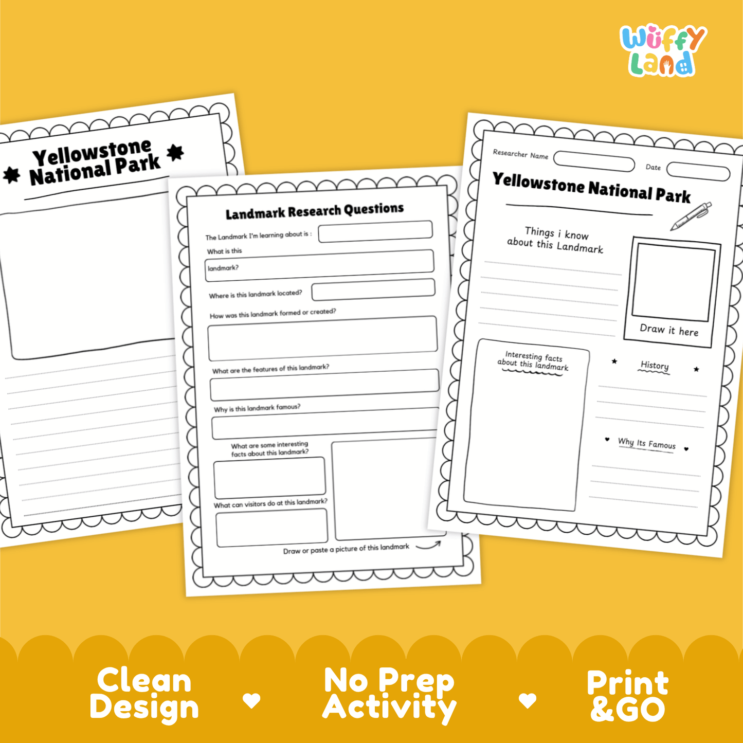 Yellowstone National Park Landmark Research Page Worksheets and Fact Sheet Activity
