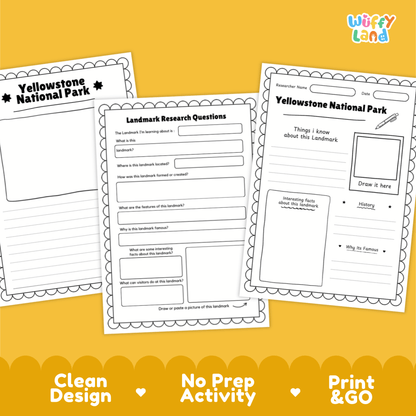 Yellowstone National Park Landmark Research Page Worksheets and Fact Sheet Activity
