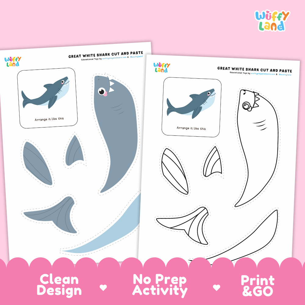 Great White Shark Cut and Paste and Coloring Activity Worksheets