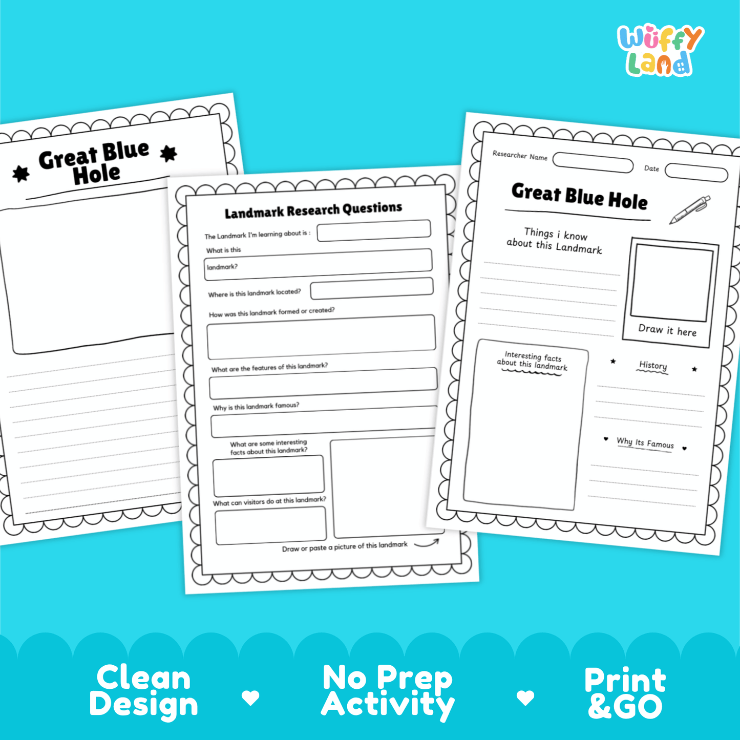 Great Blue Hole Landmark Research Page Worksheets and Fact Sheet Activity