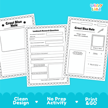 Great Blue Hole Landmark Research Page Worksheets and Fact Sheet Activity