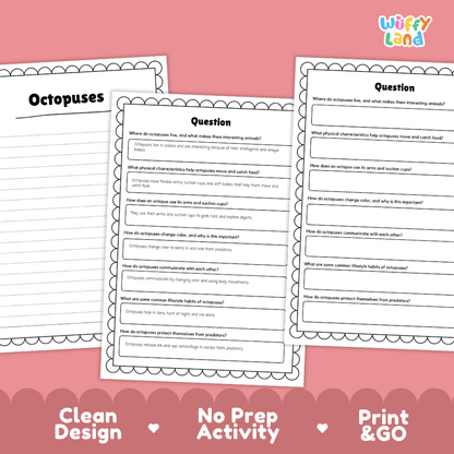 Octopuses Reading Passage and Comprehension Questions Worksheets