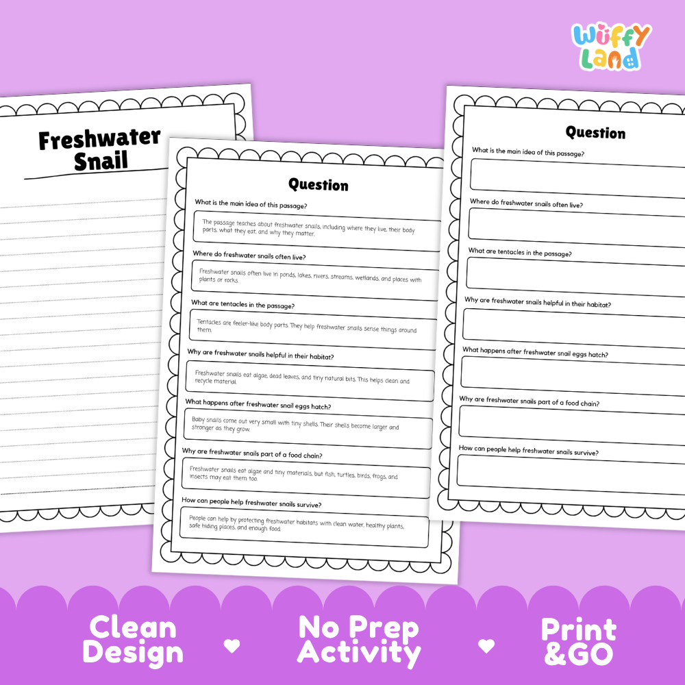 Freshwater Snail Reading Passage and Questions Worksheets with Answer Key