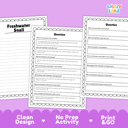 Freshwater Snail Reading Passage and Questions Worksheets with Answer Key