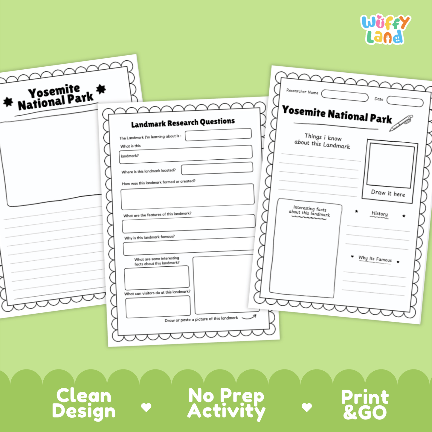 Yosemite National Park Landmark Research Page Worksheets and Fact Sheet Activity