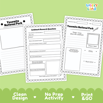 Yosemite National Park Landmark Research Page Worksheets and Fact Sheet Activity