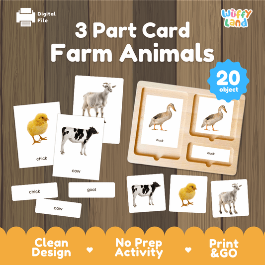3 Part Card Farm Animals printable Montessori nomenclature and zoology activity pack overview from Wuffy Land featuring 20 objects 🐮🐥