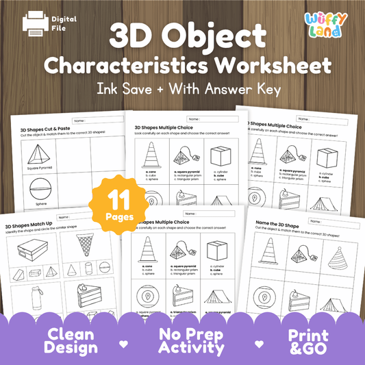 3D object characteristics worksheet 11 pages ink save printable math pack overview from Wuffy Land with multiple choice and cut and paste activities 📦📐