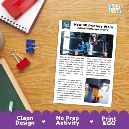 Printable student worksheet with short-answer reading comprehension questions covering 3D printers and engineering