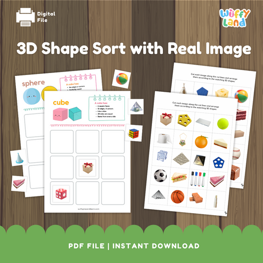 3D shape sorting printable activity pack cover featuring real-life image cutouts and geometry mats for kindergarten and elementary students