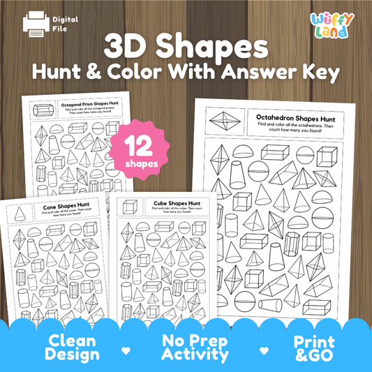 3D shapes hunt and color worksheets 12 shapes printable activity pack overview from Wuffy Land with answer key 🔍🎨
