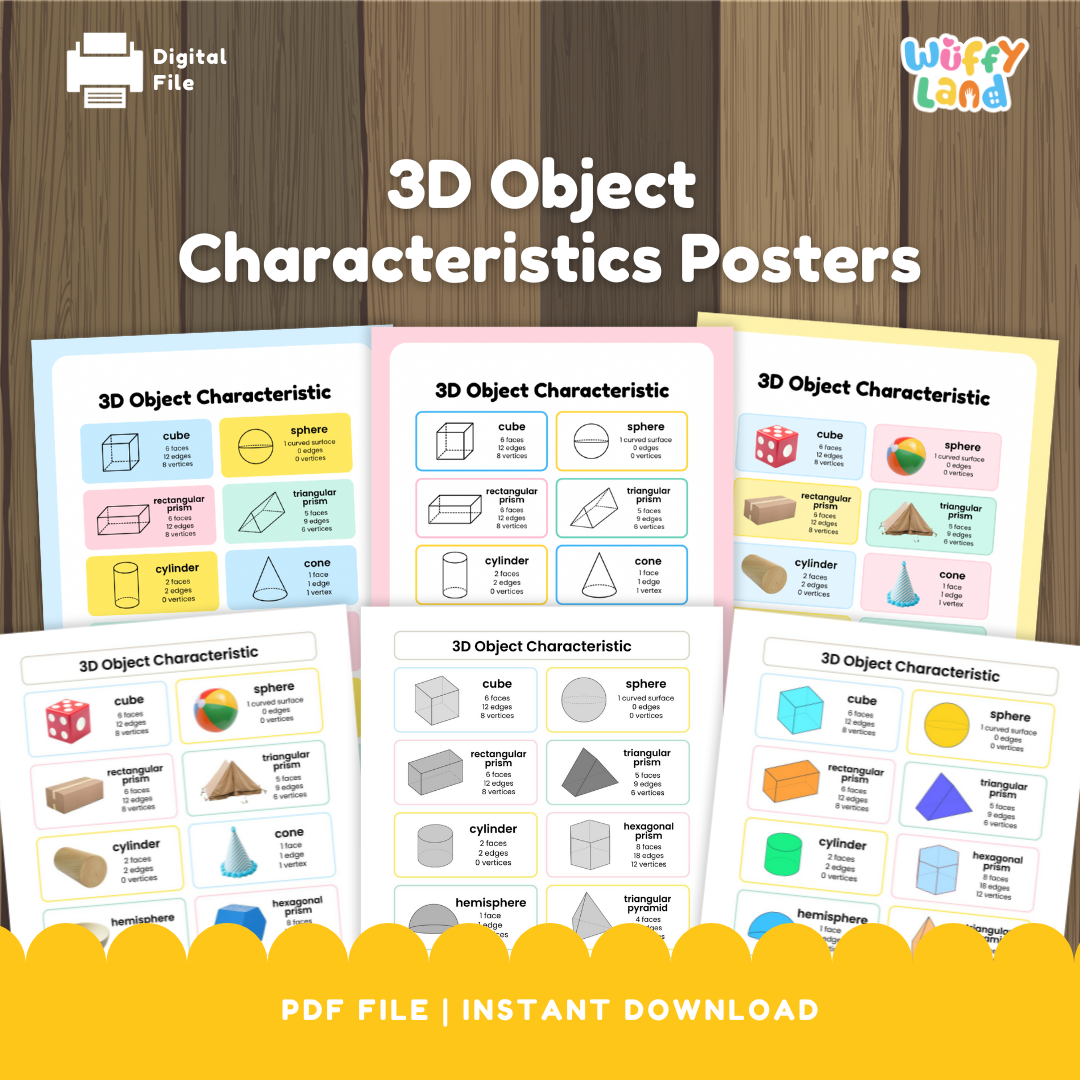 Set of colorful 3D object characteristics posters displaying geometric solids such as cubes, spheres, cones, prisms, and pyramids. Each poster lists the number of faces, edges, and vertices, making it a great visual aid for teaching 3D shape properties.