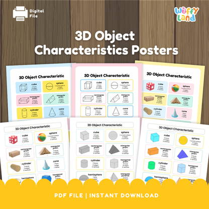 Set of colorful 3D object characteristics posters displaying geometric solids such as cubes, spheres, cones, prisms, and pyramids. Each poster lists the number of faces, edges, and vertices, making it a great visual aid for teaching 3D shape properties.