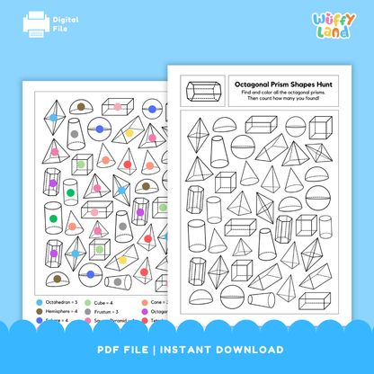 Two 3D shape hunt worksheets for kids: one features an octagonal prism search activity asking students to find and color all octagonal prisms, and the other shows a completed color key identifying various 3D shapes such as cubes, cones, spheres, and pyramids.
