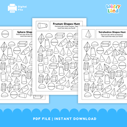 Set of black-and-white 3D shape hunt worksheets featuring spheres, frustums, and tetrahedrons. Each page asks students to find and color all examples of a specific shape and count how many they locate.